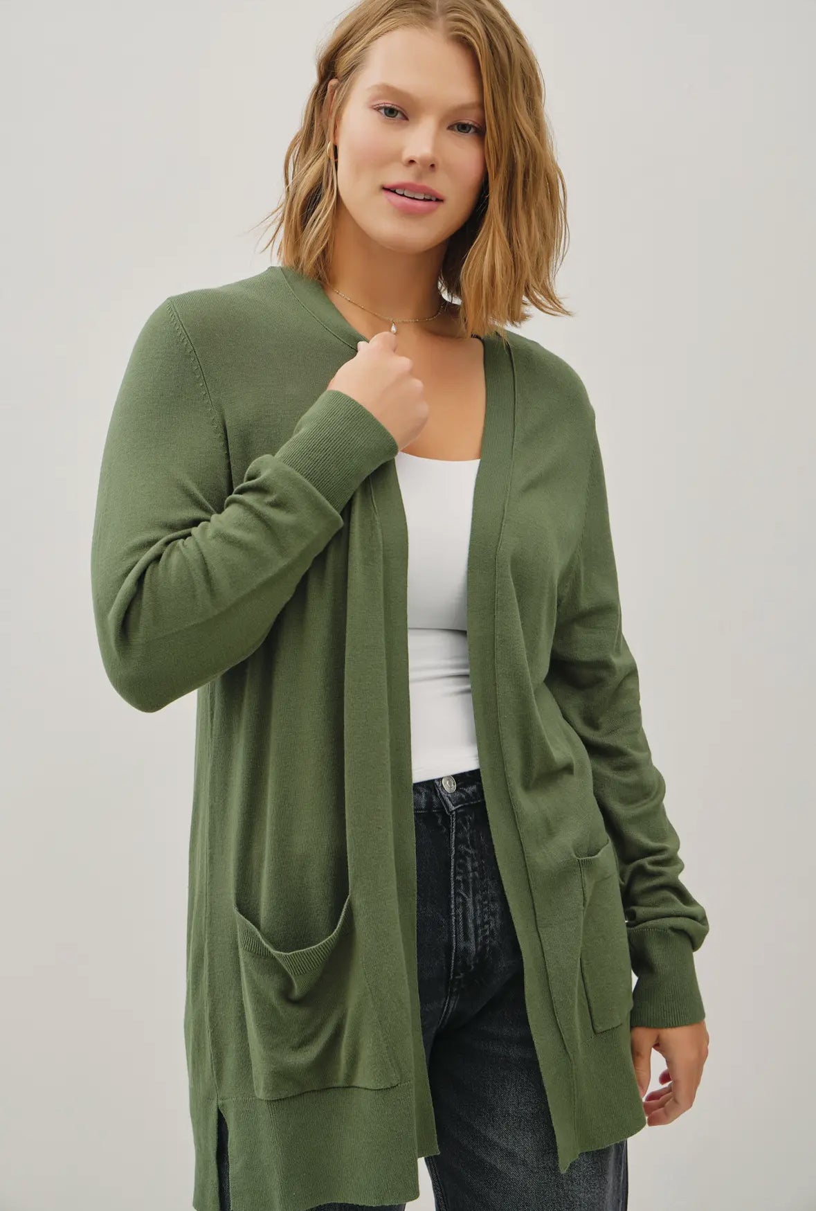 Claudia Open Front Knit Sweater Cardigan Plus, Green Ivy