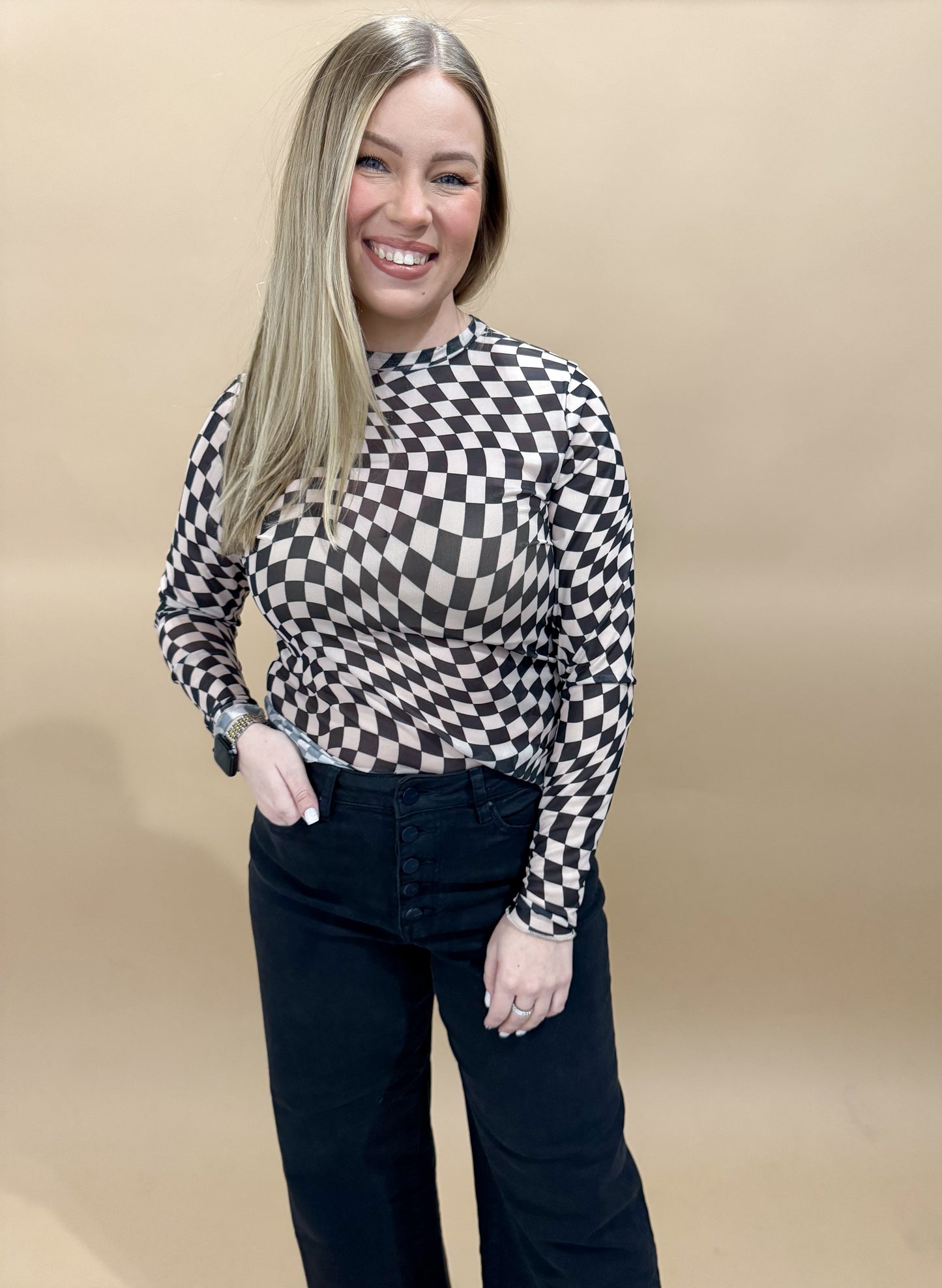 Rissa Checkered Mesh Long Sleeve Top, Black/Tan