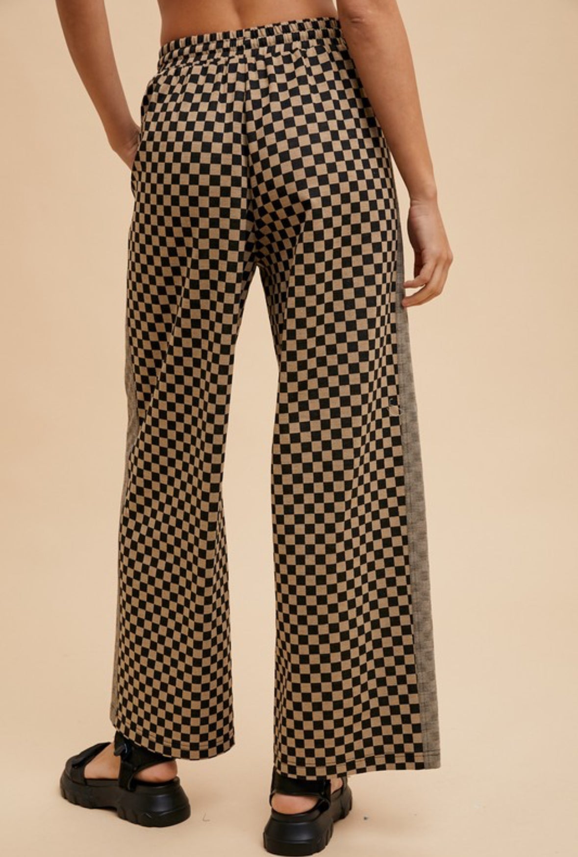 Quinn Checkered Wide Leg Pants, Black/Taupe