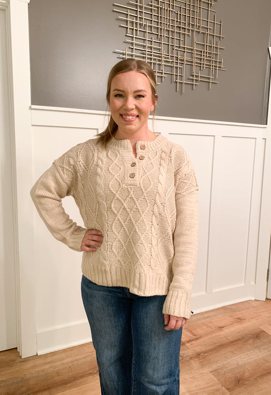 Natalie Cable Knit Henley Sweater, Oatmeal