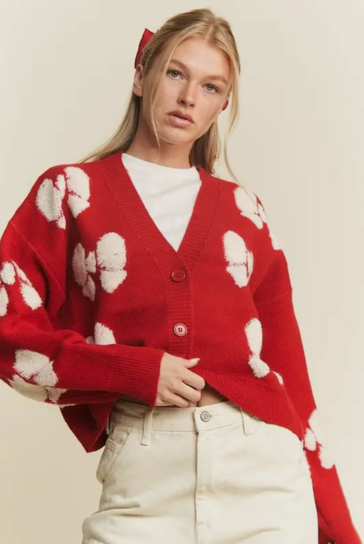 Mrs. Claus Ribbon Pattern Loose Cropped Cardigan, Red