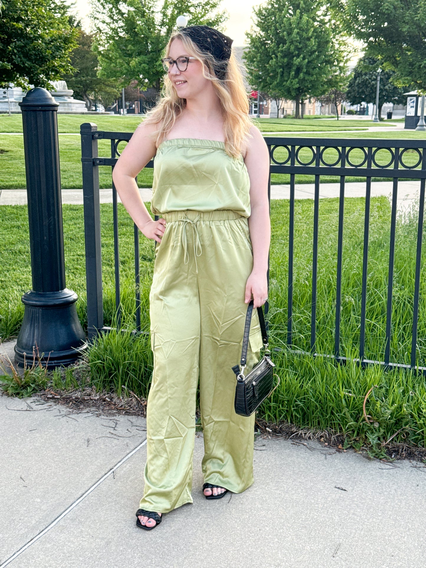 Linley Satin Cargo Jumpsuit, Avocado