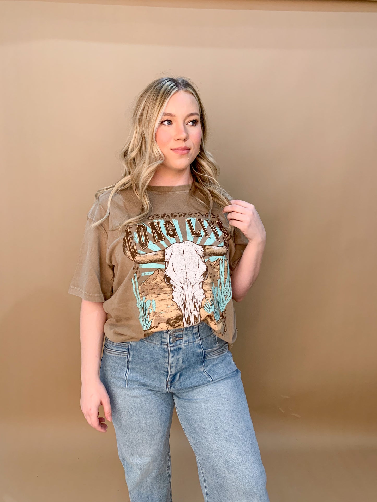 Long Live Longhorn Boho Graphic Tee, Taupe