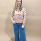 Beverly Vintage Flower Pattern Crewneck Cardigan, Dusty Pink