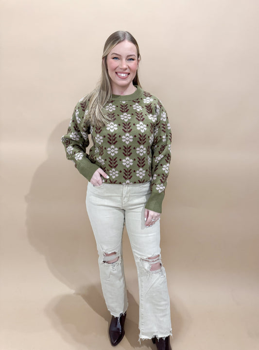 Ethel Vintage Flower Pattern Crewneck Knit Sweater, Olive