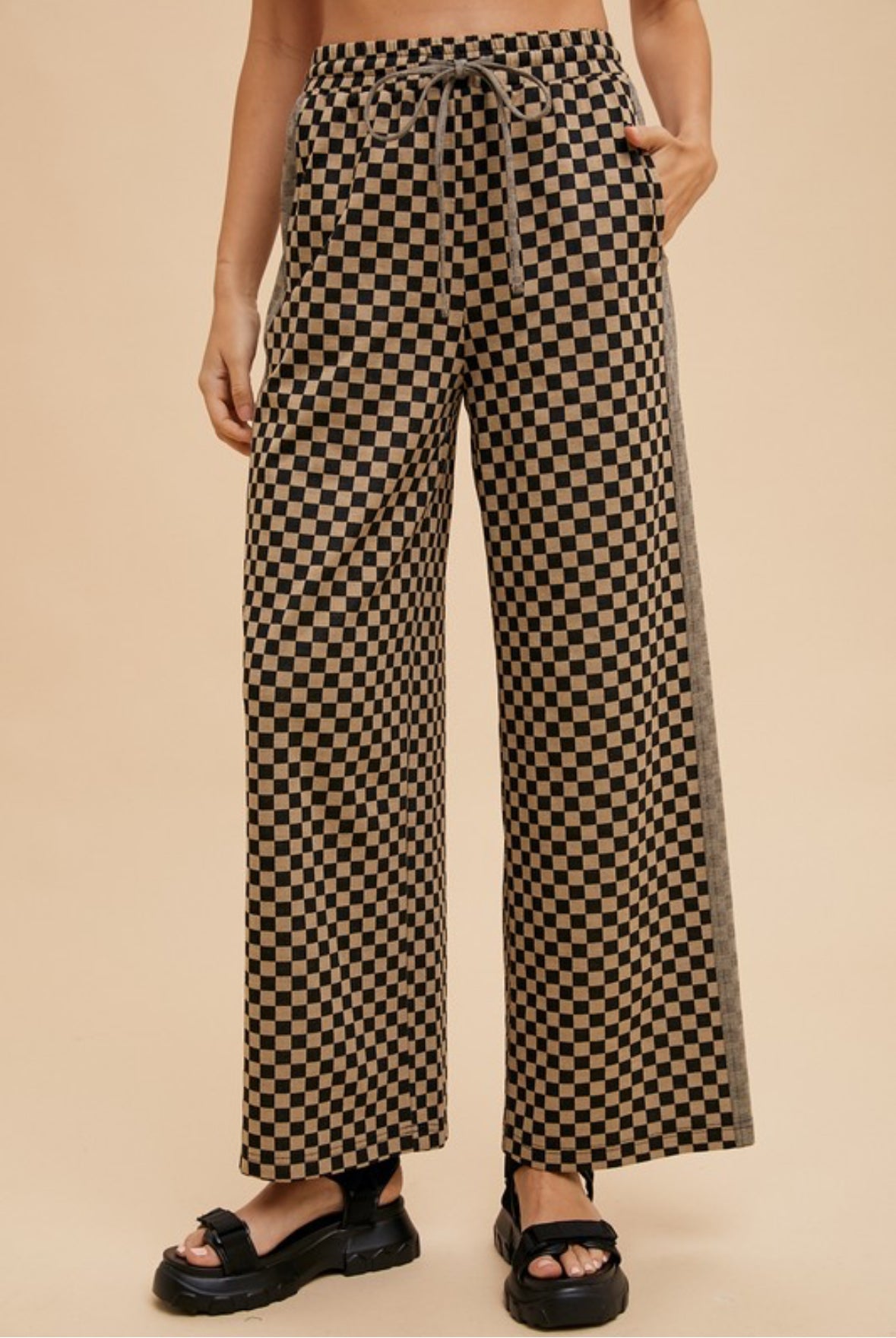 Quinn Checkered Wide Leg Pants, Black/Taupe