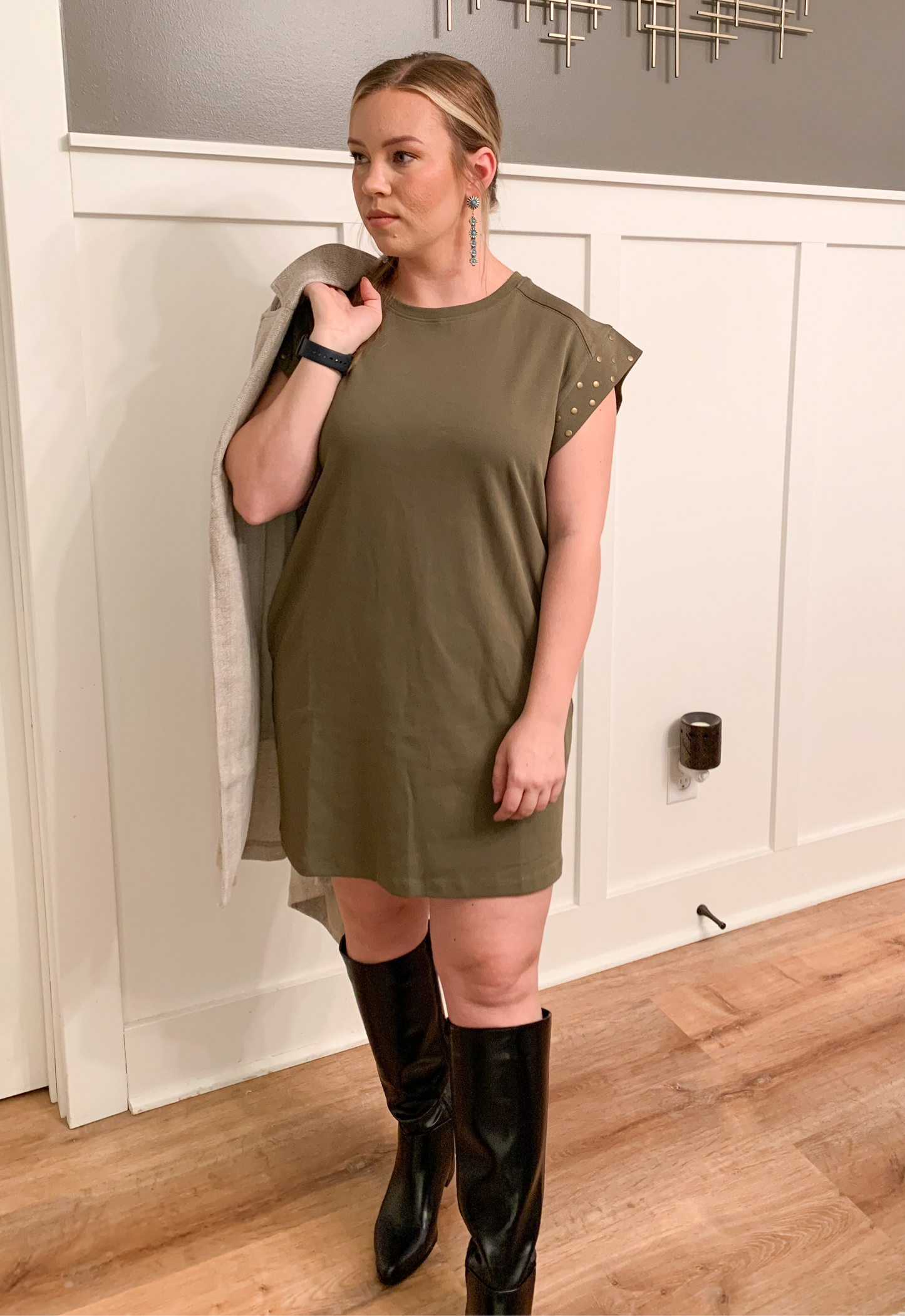 Margo T-Shirt Dress with Studded Sleeves, Olive