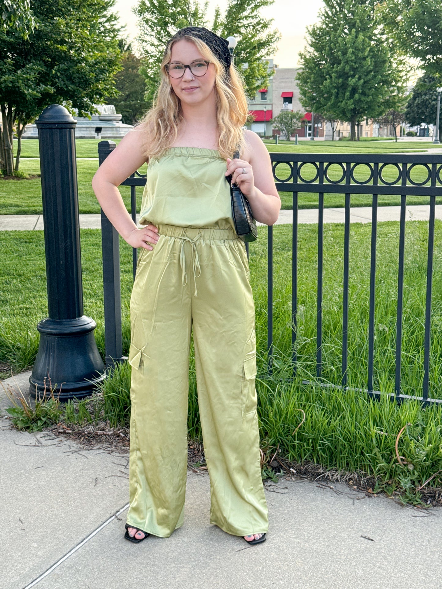 Linley Satin Cargo Jumpsuit, Avocado