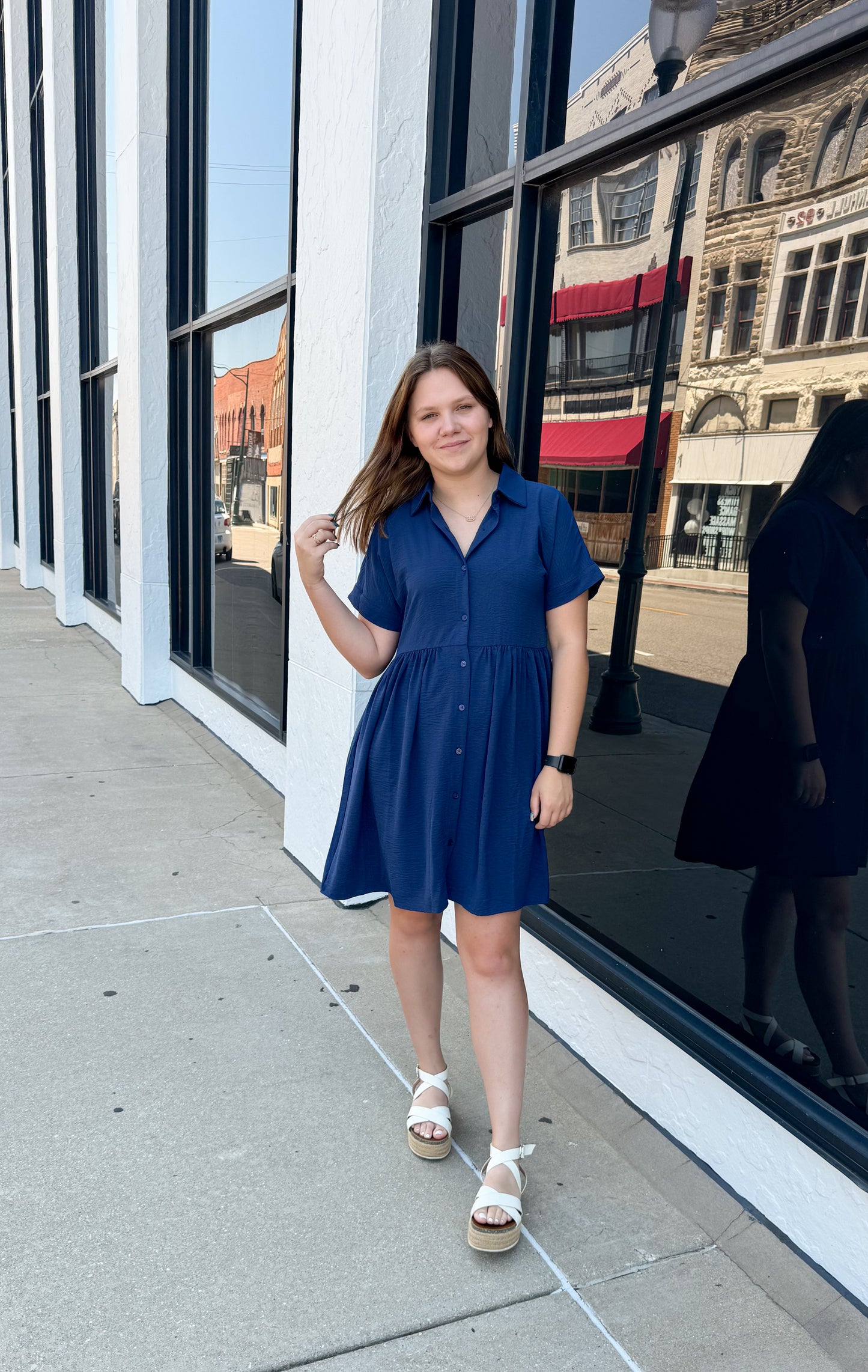 Heidi Drop Waist Button Up Dress, Navy