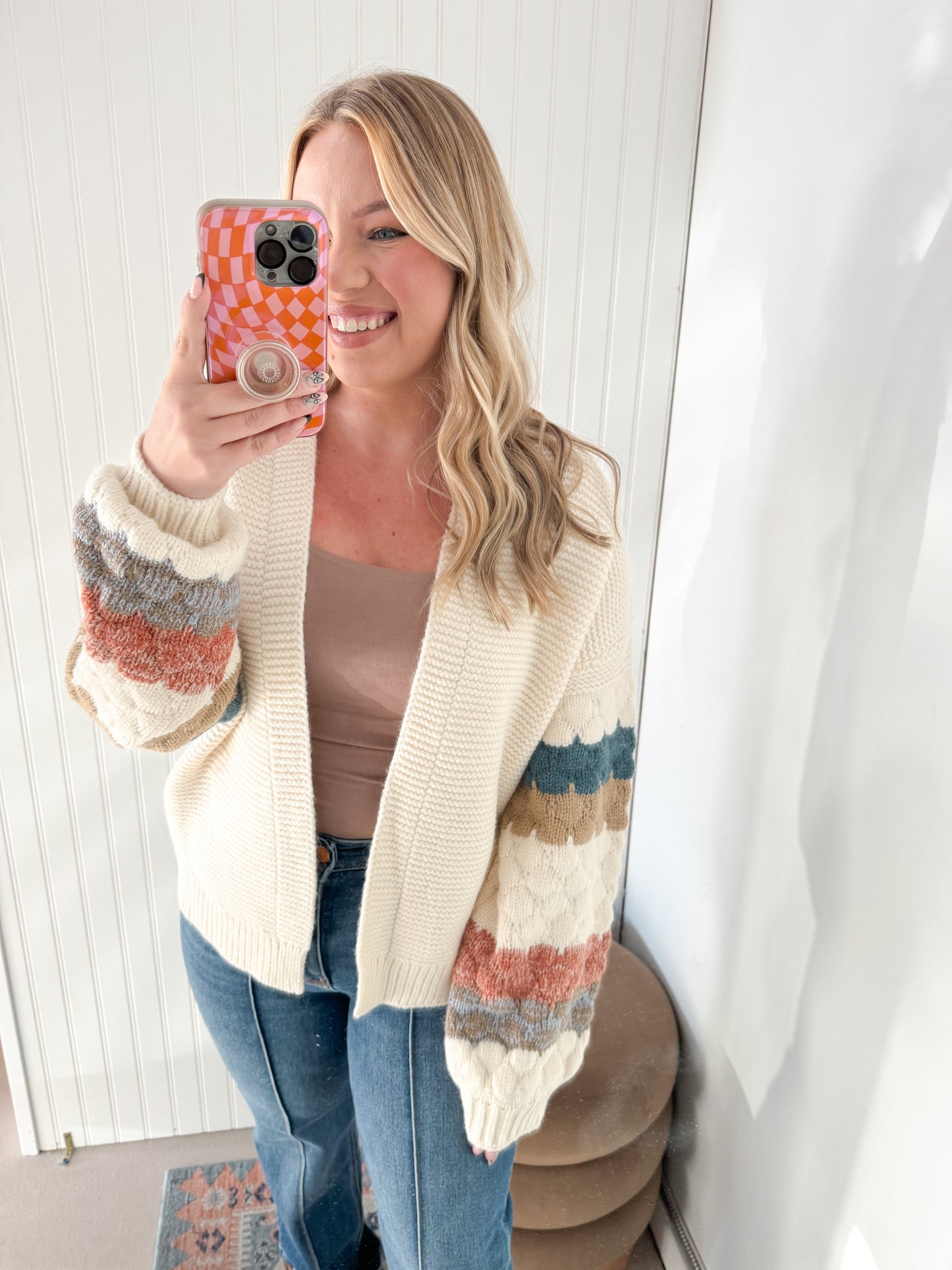 JJ Chunky Knit Striped Sleeve Cardigan, Ivory