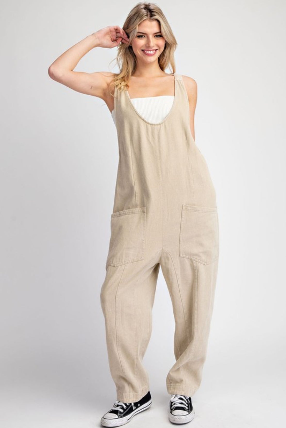 Emmie Mineral Solid Scoop Neck Jumpsuit, Taupe