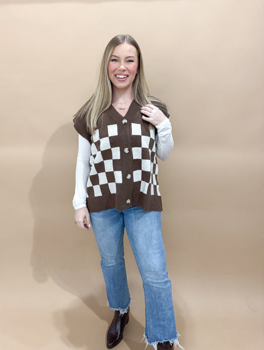 Linley Checkered Loose Fit Sweater Vest, Brown