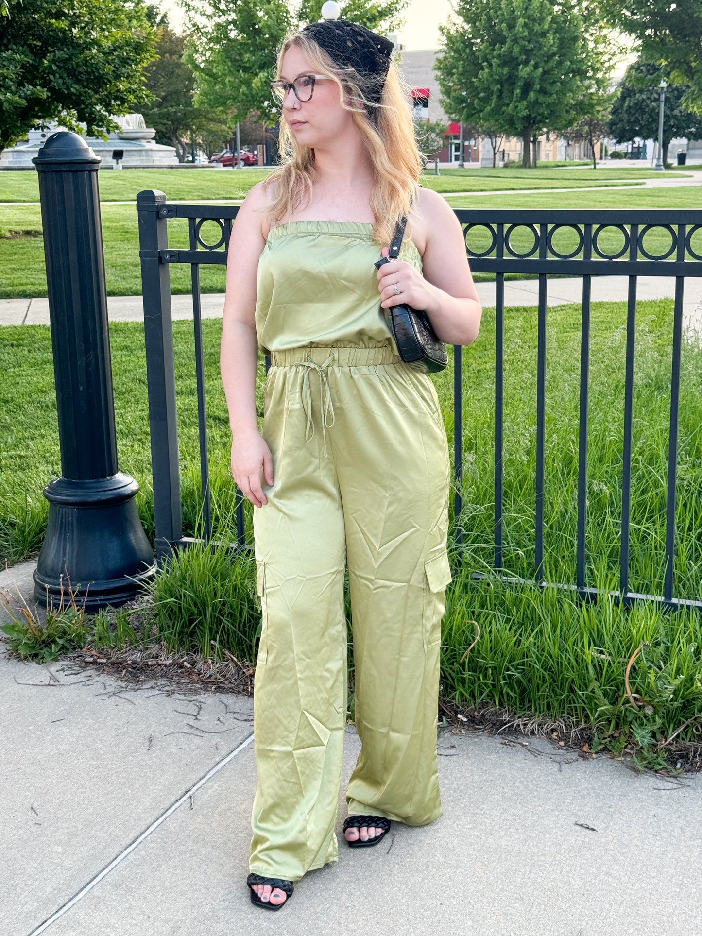 Linley Satin Cargo Jumpsuit, Avocado