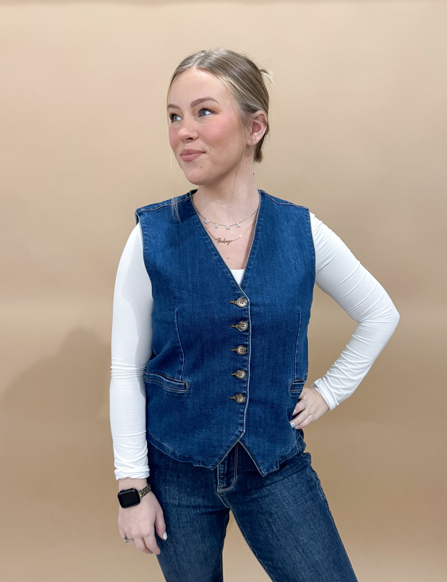 EmmieJo Stretchy Button Down Denim Vest, Dark Wash