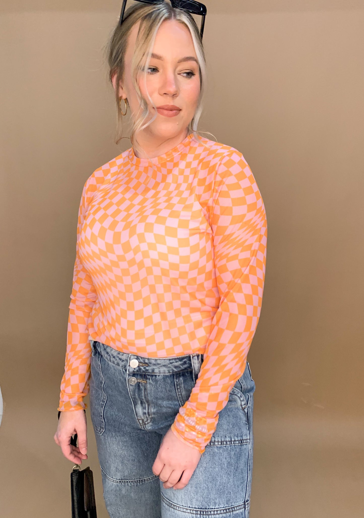 Morgan Checkered Mesh Long Sleeve Top, Pink/Orange