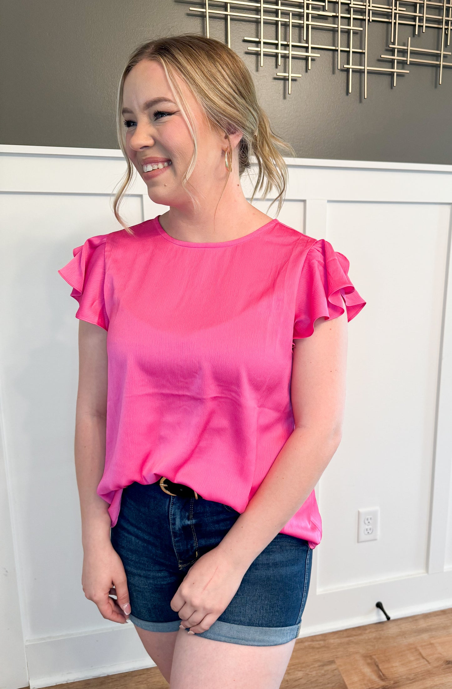 Cora Satin Ruffle Sleeve Blouse, Hot Pink