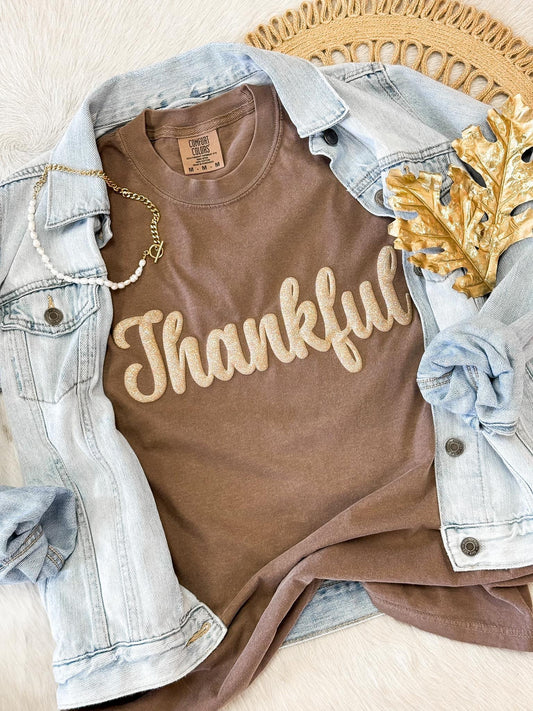 Thankful Glitter Puff Tee, Mocha