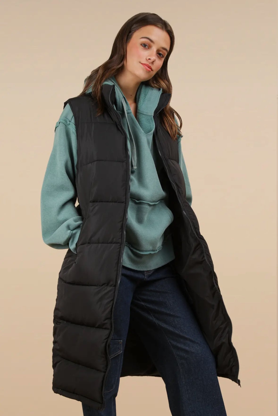 Kelli Long Puffer Vest, Black