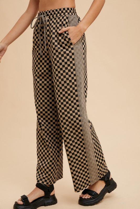 Quinn Checkered Wide Leg Pants, Black/Taupe