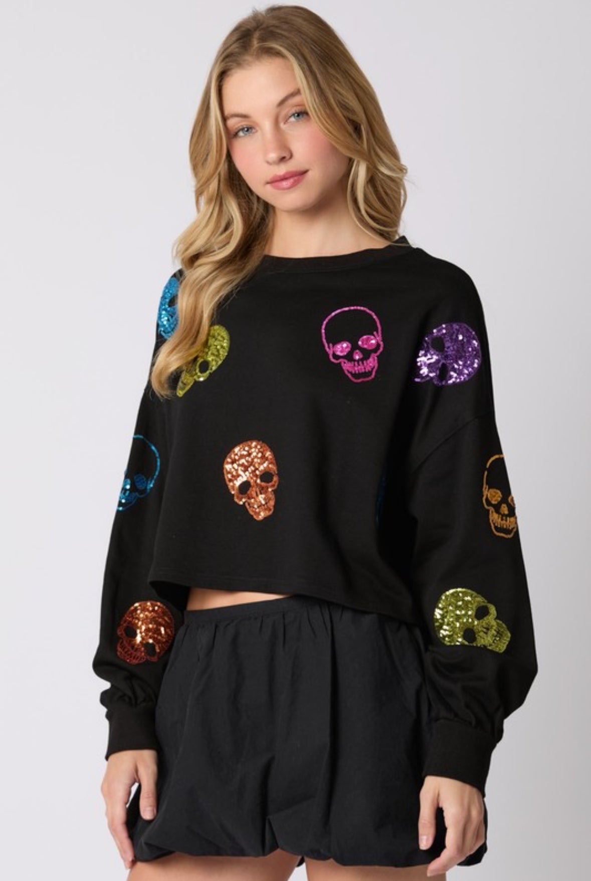 Jessa Skeleton Face Sequin Embroidered Sweatshirt, Black