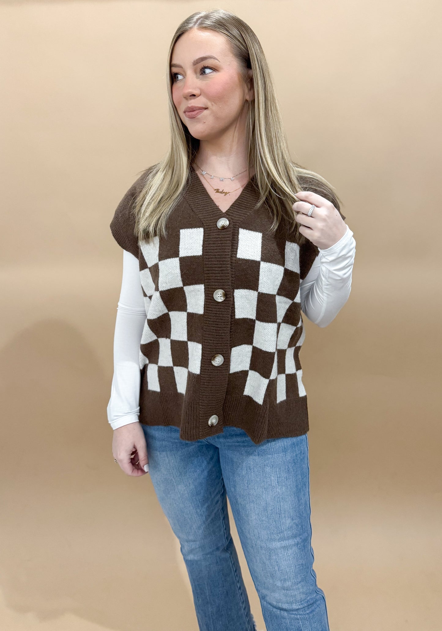 Linley Checkered Loose Fit Sweater Vest, Brown