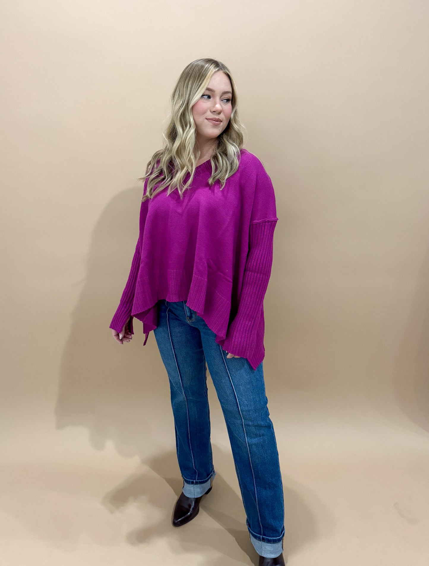 Aspen Solid Ribbed Side Slit Pullover Sweater, Orchid