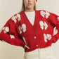 Mrs. Claus Ribbon Pattern Loose Cropped Cardigan, Red