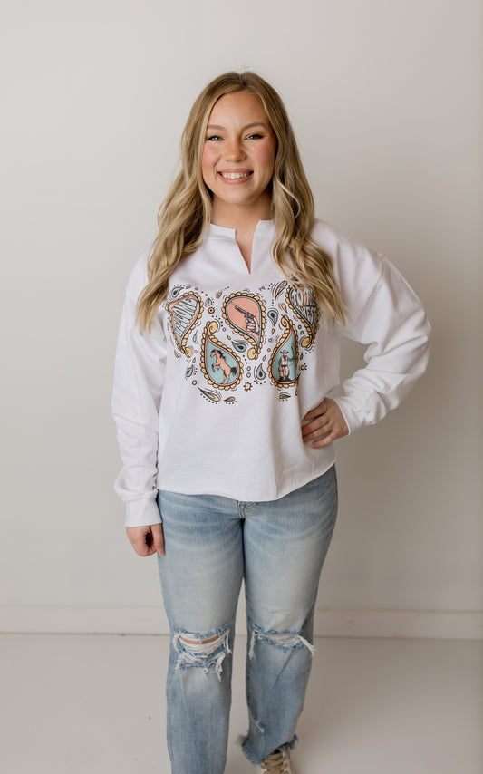 Paisley V-Neck Sweatshirt, White